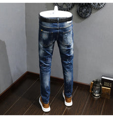 Fashion Designer Men Jeans Retro Blue Stretch Slim Fit Painted Jeans