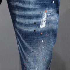 Fashion Designer Men Jeans Retro Blue Stretch Slim Fit Painted Jeans