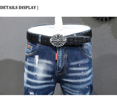Fashion Designer Men Jeans Retro Blue Stretch Slim Fit Painted Jeans