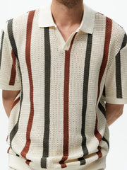 Men's Summer Chunky Knit Short-Sleeve Polo Shirt With Stripes Daily Outings