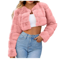 Faux Coat Cropped Jacket Fuzzy Fleece Jacket For Women V Neck Sweater