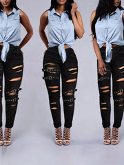 Women's Slim Fit Jeans High Waist Rockabilly Hole with Tie Trendy Jeans