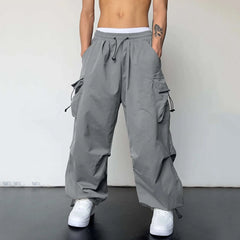 Mens Casual Sports Cargo Pants Woven Pocket Foot Rope Street Tie Solid Pants