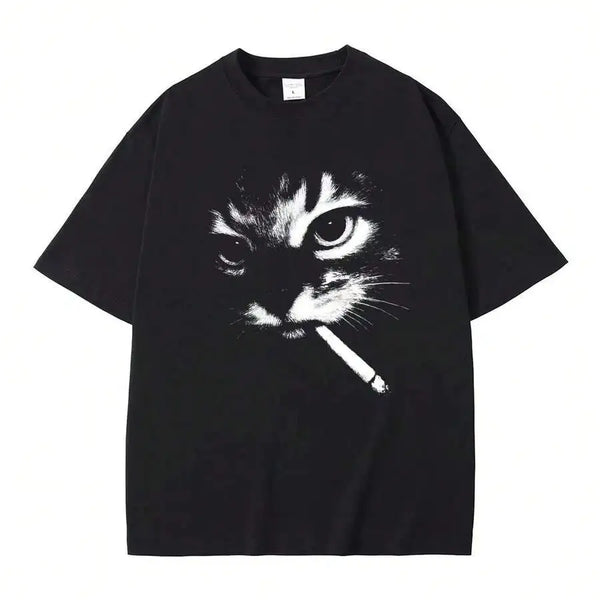 Funny Meme Smoking Cat Face Graphic T-Shirts Casual T Shirts Men's