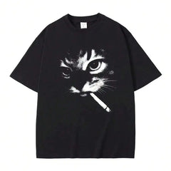 Funny Meme Smoking Cat Face Graphic T-Shirts Casual T Shirts Men's