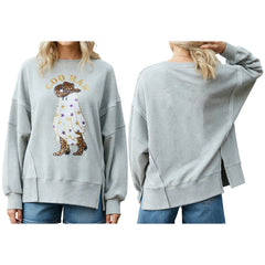 Women s Halloween Oversized Hoodie Long Sleeve V-Neck Split Hem