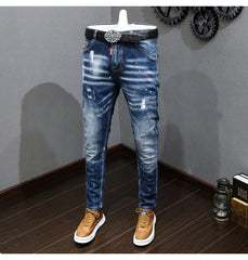 Fashion Designer Men Jeans Retro Blue Stretch Slim Fit Painted Jeans