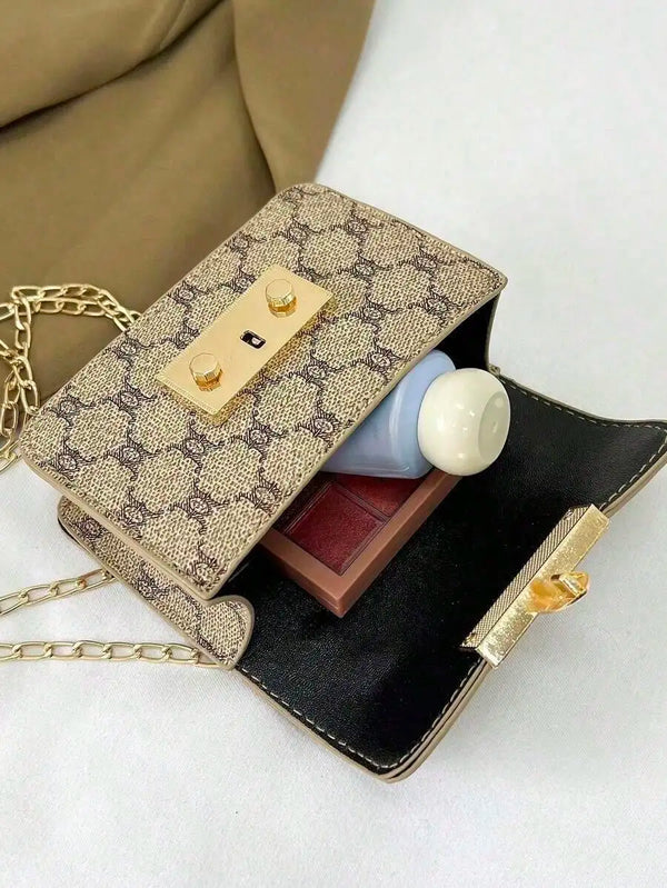 Vintage Monogram Mini Chain Crossbody Bag, Classic Lock Flap Shoulder Bag