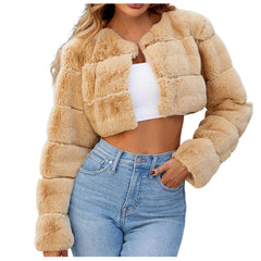 Faux Coat Cropped Jacket Fuzzy Fleece Jacket For Women V Neck Sweater