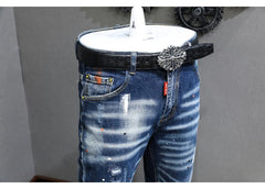 Fashion Designer Men Jeans Retro Blue Stretch Slim Fit Painted Jeans