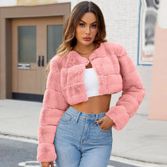 Faux Coat Cropped Jacket Fuzzy Fleece Jacket For Women V Neck Sweater