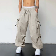 Mens Casual Sports Cargo Pants Woven Pocket Foot Rope Street Tie Solid Pants