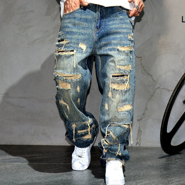 Mens Ripped Baggy Jeans Distressed Denim Streetwear Skateboard Pants