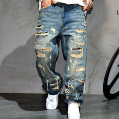 Mens Ripped Baggy Jeans Distressed Denim Streetwear Skateboard Pants