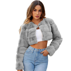 Faux Coat Cropped Jacket Fuzzy Fleece Jacket For Women V Neck Sweater