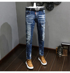 Fashion Designer Men Jeans Retro Blue Stretch Slim Fit Painted Jeans