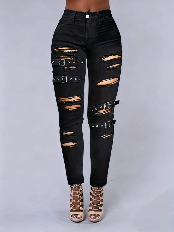 Women's Slim Fit Jeans High Waist Rockabilly Hole with Tie Trendy Jeans