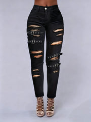Women's Slim Fit Jeans High Waist Rockabilly Hole with Tie Trendy Jeans