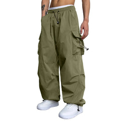 Mens Casual Sports Cargo Pants Woven Pocket Foot Rope Street Tie Solid Pants