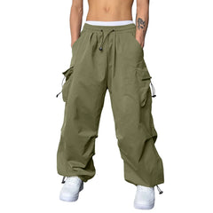 Mens Casual Sports Cargo Pants Woven Pocket Foot Rope Street Tie Solid Pants