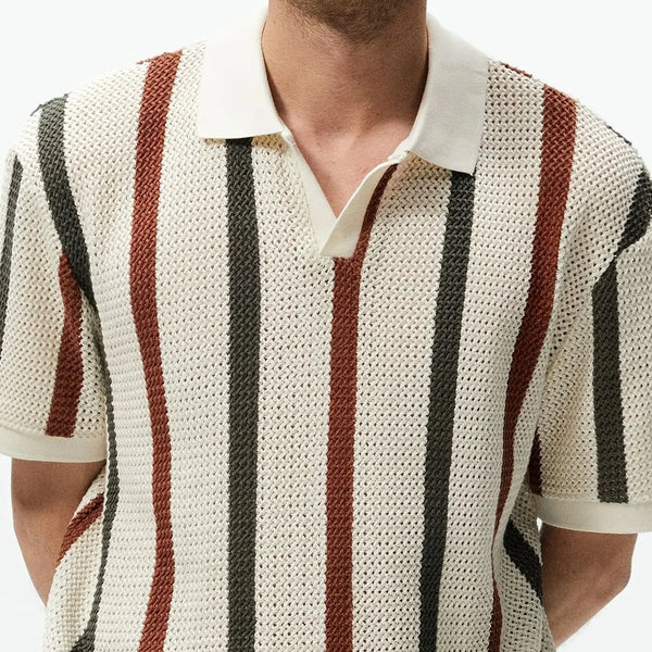Men's Summer Chunky Knit Short-Sleeve Polo Shirt With Stripes Daily Outings