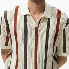 Men's Summer Chunky Knit Short-Sleeve Polo Shirt With Stripes Daily Outings